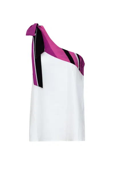 Unexpectedone Put A Bow On It - Black Pink - Women's Natural Fabric One Shoulder Top In White