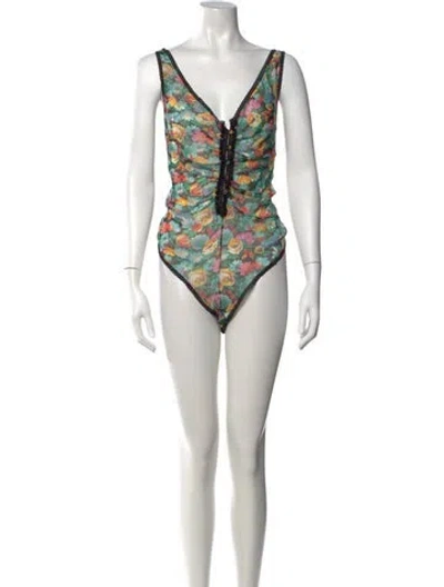 Pre-owned Ungaro 1980's Floral Print Bodysuit In Blue/green