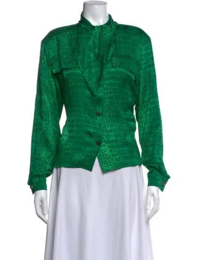 Pre-owned Ungaro Animal Print Tie Neck Blouse In Green