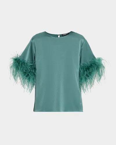 Ungaro Aria Feather-cuff Satin Blouse In Green