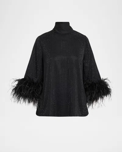 Ungaro Claire Strass Feather-cuff Turtleneck Blouse In Black