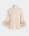 Ungaro Claire Strass Feather-cuff Turtleneck Blouse In Pink