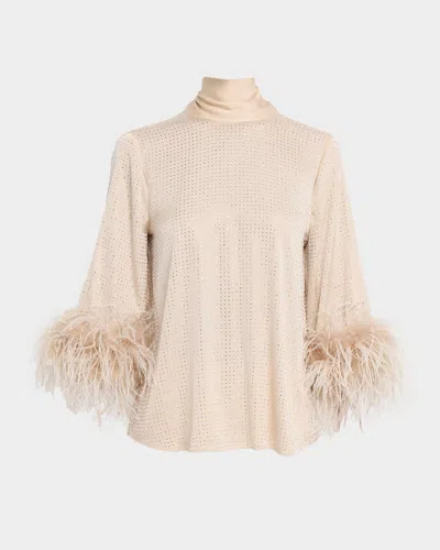 Ungaro Claire Strass Feather-cuff Turtleneck Blouse In Pink