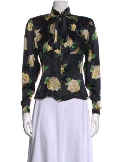 Pre-owned Ungaro Floral Print Tie Neck Blouse In Black