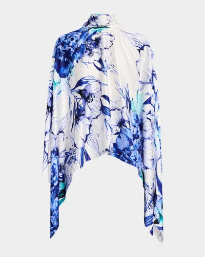 Ungaro Floral-print Turtleneck Cape Blouse In Blue Multi