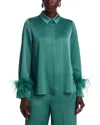 Ungaro Luna Feather-cuff Satin Blouse In Green