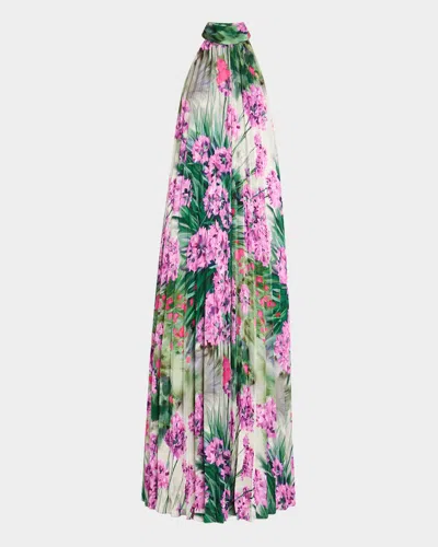 Ungaro Pleated Floral-print Halter Gown In Berry Mult