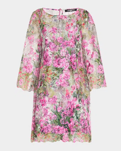Ungaro Printed Floral Lace Mini Shift Dress In Berry Mult