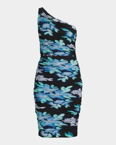 Ungaro Rosemary Floral Ruched One-shoulder Midi Dress In Black