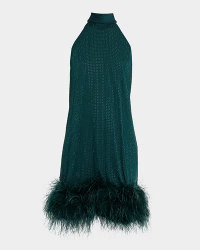 Ungaro Seraphina Feather-hem Rhinestone Mini Dress In Green