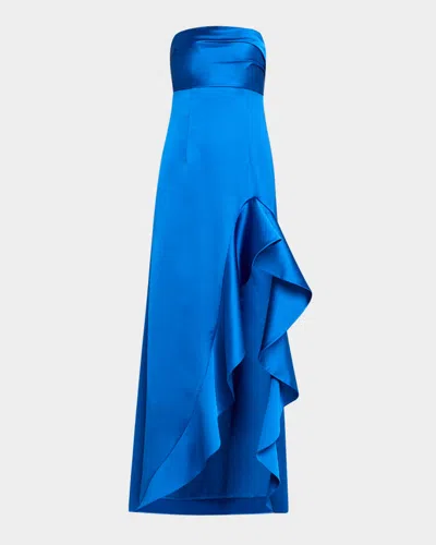 Ungaro Strapless High-low Ruffle Satin Gown In Cerulean