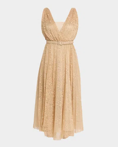 Ungaro Tara Belted Floral Lace Midi Dress In Brown