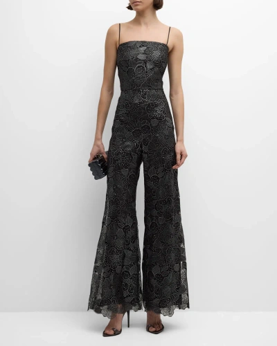 Ungaro Wide-leg Metallic Floral Lace Jumpsuit In Black Silver