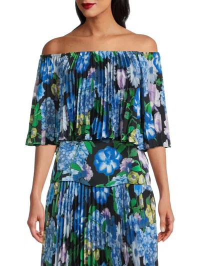 Ungaro Women's Carol Floral Pleated Off-the-shoulder Blouse In Teal Multi