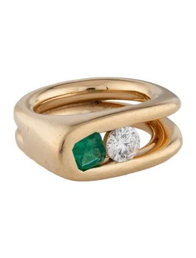 Pre-owned Uniform Object 18k Emerald & Diamond Impact Band Ring In Multicolor