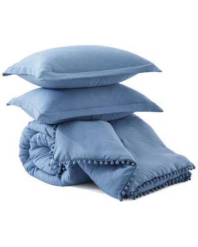 Unikome All Season Ball Pom Fringe Comforter Set In Blue