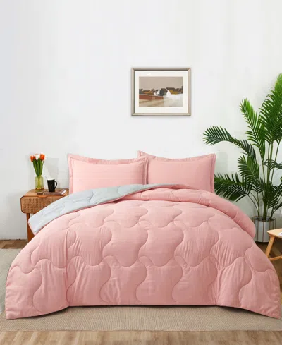 Unikome Lightweight Quilted Reversible Down Alternative Comforter Set, 3 Piece, King In Pink,light Gray