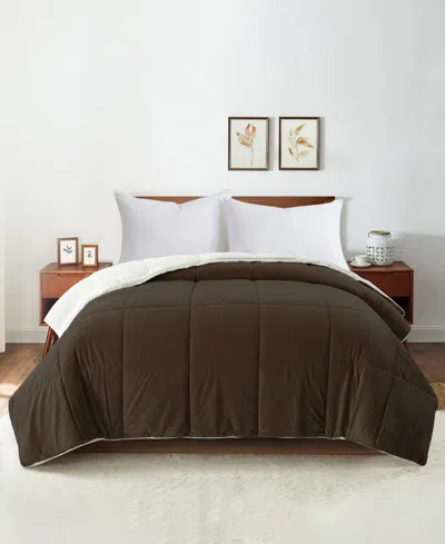 Unikome Sherpa Reversible Comforter, King In Dark Brown