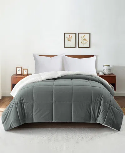 Unikome Sherpa Reversible Comforter, Queen In Dark Gray