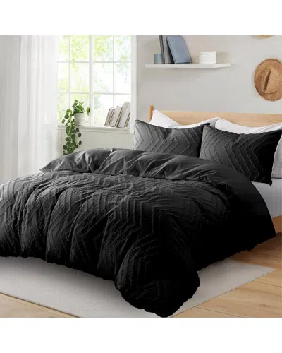 Unikome Soft Solid Clipped Jacquard Duvet Cover Set In Black