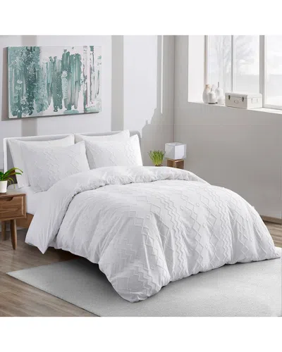 Unikome Soft Solid Clipped Jacquard Duvet Cover Set In White, Diamond Quilted