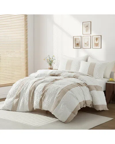 Unikome Textured Stripe Geometric Stylish Duvet Cover Set In White
