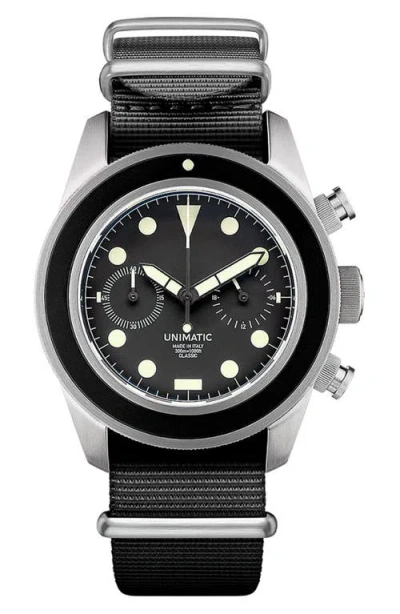 Unimatic Modello Tre Nato Strap Classic Chronograph Watch, 41mm X 42mm In Black Steel