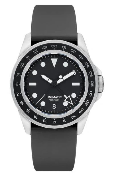 Unimatic Modello Uno Automatic Gmt Rubber Strap Diver's Watch, 40mm In Black