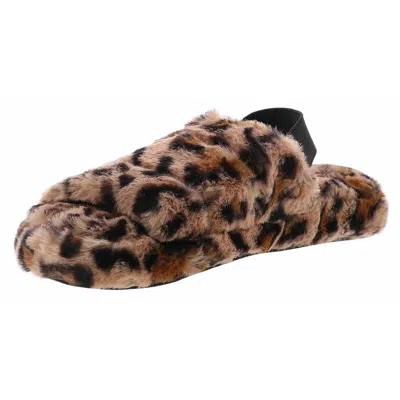 Unionbay Women's  Puff Slippers Brown Leopard Print Faux Fur Slingback Jobb698 In Animal Print