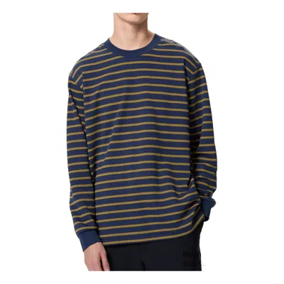 Uniqlo Airism Cotton Striped Crew Neck T-shirt Long Sleeve 'navy' In Blue