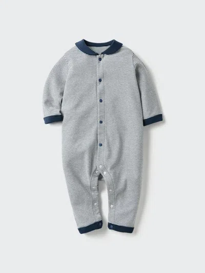 Uniqlo Baby Ribbed One Piece Outfit Long Sleeve Striped, Navy, 12-18m In Blue