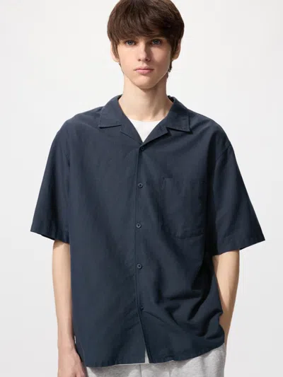 Uniqlo Cotton Linen Shirt Short Sleeve Navy 3xl  Us In Blue