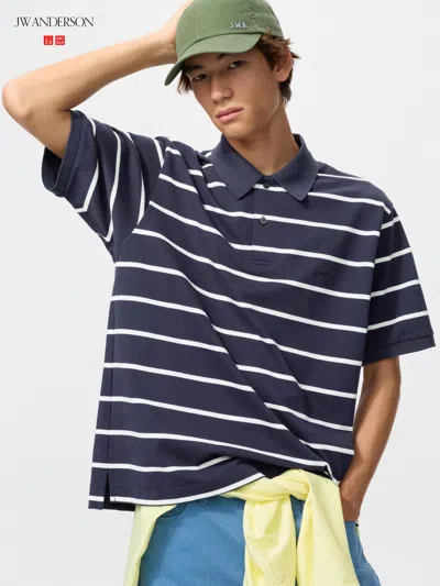 Uniqlo Dry Pique Striped Polo Shirt Wide Stripe Navy Xl  Us In Blue
