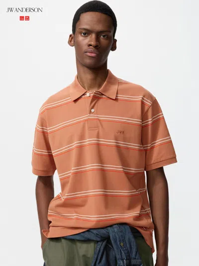 Uniqlo Men's Dry Pique Striped Polo Shirt Multi With Quick-drying, Orange, Large