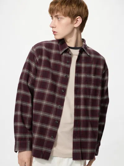 Uniqlo Men's Flannel Shirt Ombre Check, Wine, 2xs In Brown