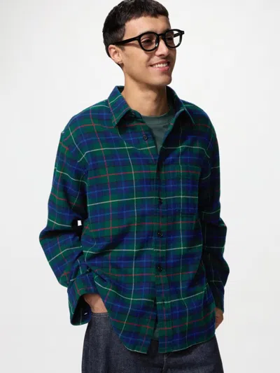 Uniqlo Men's Flannel Shirt Tartan Check, Dark Green, 2xs In Yellow