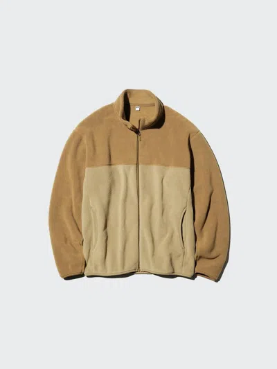 Uniqlo Men's Fleece Full-zip Jacket Color Block, Brown, 2xs
