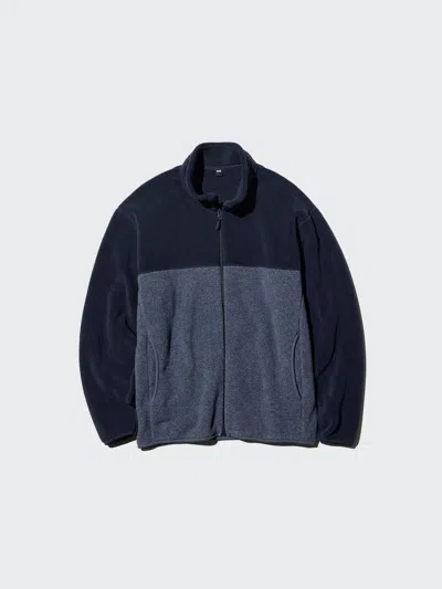 Uniqlo Men's Fleece Full-zip Jacket Color Block, Navy, 2xs In Blue