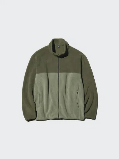 Uniqlo Men's Fleece Full-zip Jacket Color Block, Olive, 2xs In Green