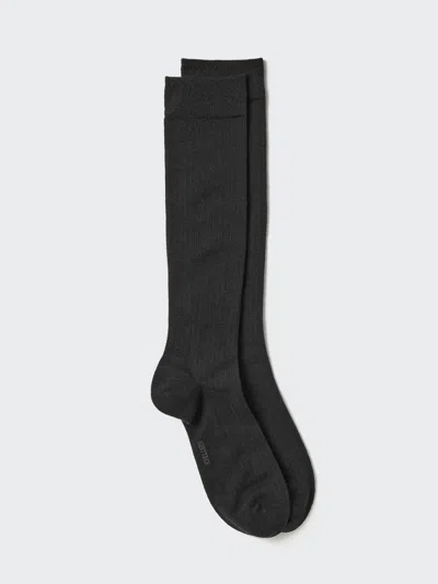 Uniqlo Men's Heattech Wide Ribbed Knee High Socks With Odor Control, Black, Us8-us11