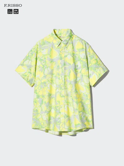 Uniqlo Men's Oxford Oversized Shirt Short Sleeve Printed, Yellow, Xl