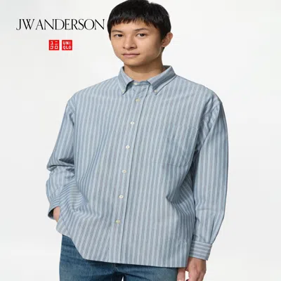 Uniqlo Men's Oxford Oversized Shirt Striped, Blue, Medium