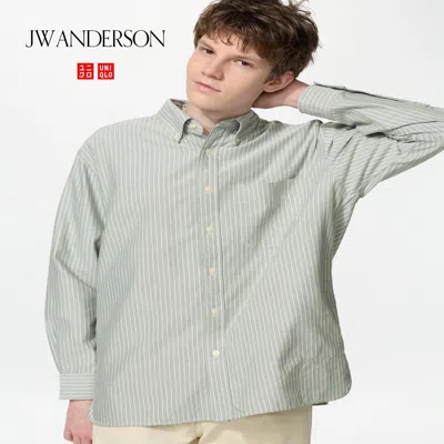 Uniqlo Men's Oxford Oversized Shirt Striped, Green, 3xl
