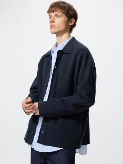 Uniqlo Milano Ribbed Shirt Collar Cardigan Navy 3xl  Us In Blue