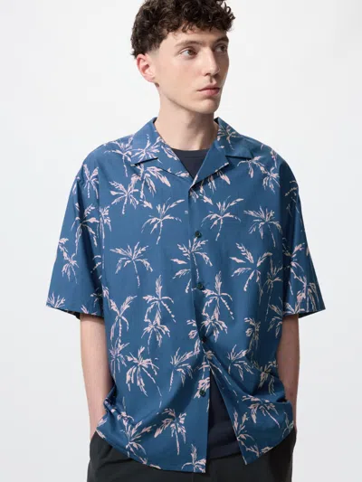 Uniqlo Open Collar Shirt Short Sleeve Printed Blue 3xl  Us