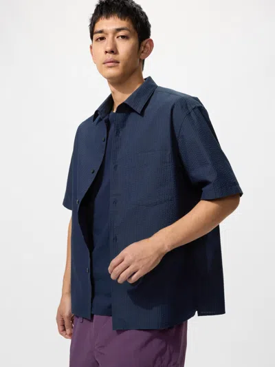 Uniqlo Seersucker Shirt Short Sleeve Navy Xl  Us In Blue