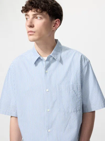 Uniqlo Seersucker Shirt Short Sleeve Striped Blue 2xl  Us
