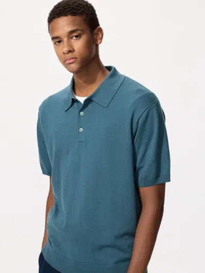 Uniqlo Washable Knitted Polo Sweater Short Sleeve Blue 2xl  Us