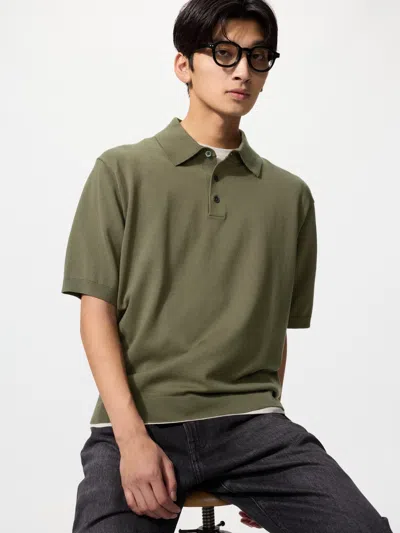 Uniqlo Washable Knitted Polo Sweater Short Sleeve Olive 2xl  Us In Green