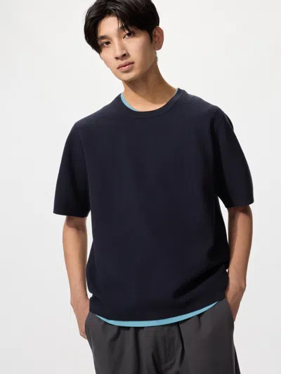 Uniqlo Washable Milano Ribbed Knitted T-shirt Navy Xl  Us In Blue